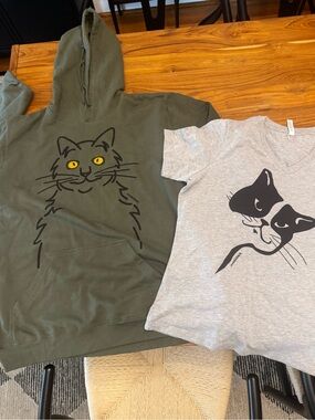 Marushka Cat Hoodie & Tee Set - Olive Green Hoodie, Heather Gray Tee